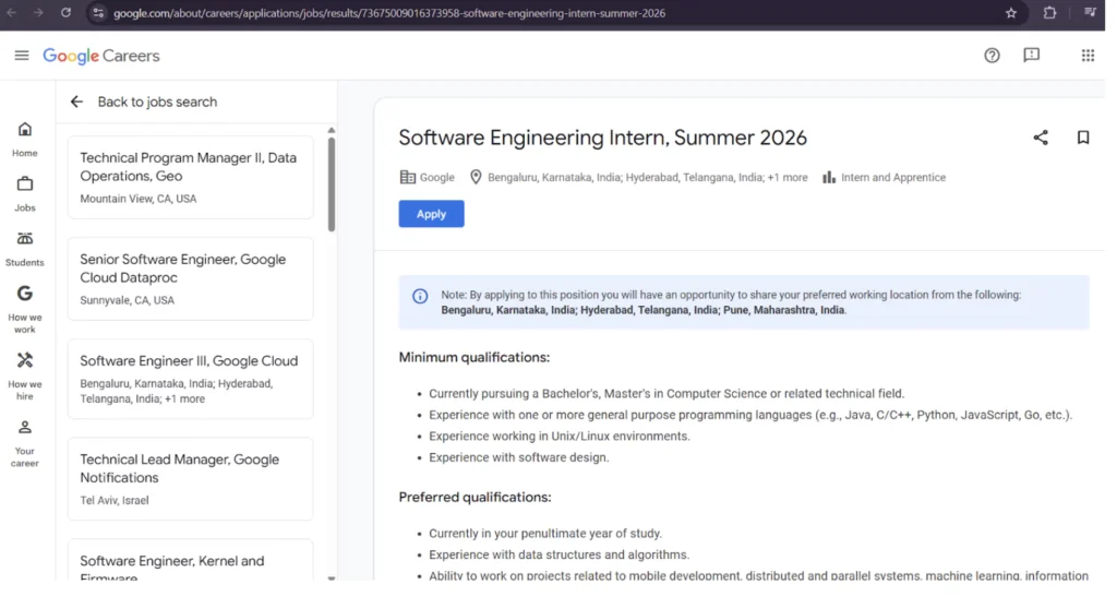 Google summer internship portal