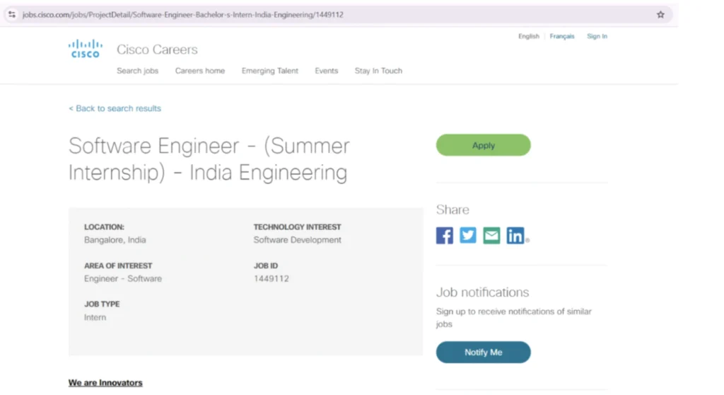 Cisco internship: Career page