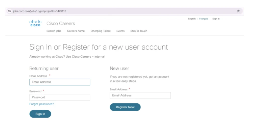 Cisco internship: Register or Login