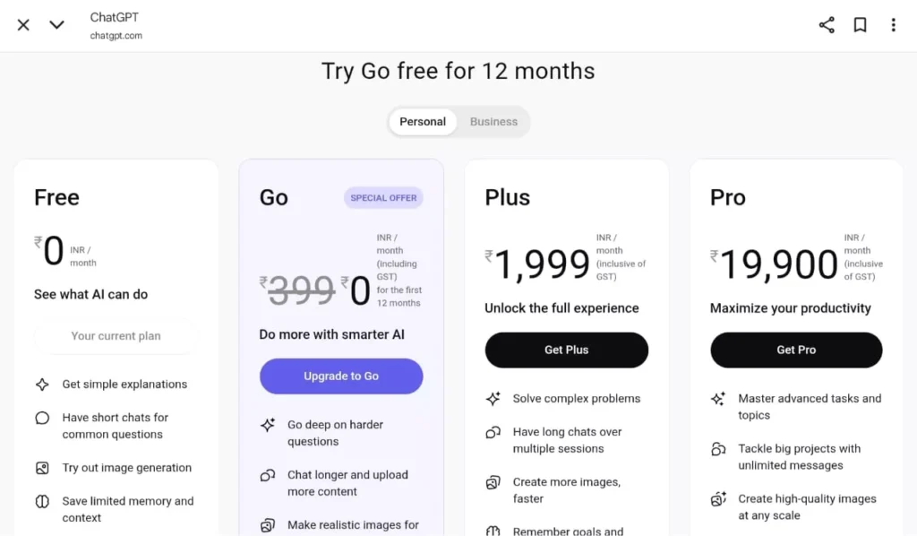ChatGPT issue: Pricing plans