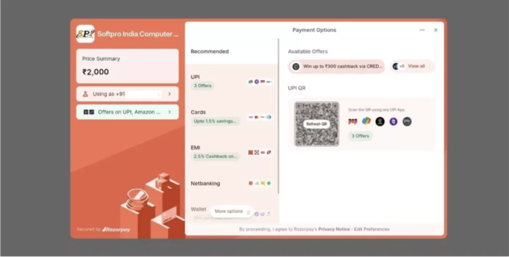 IT Internship in Noida: Payment page of softpro