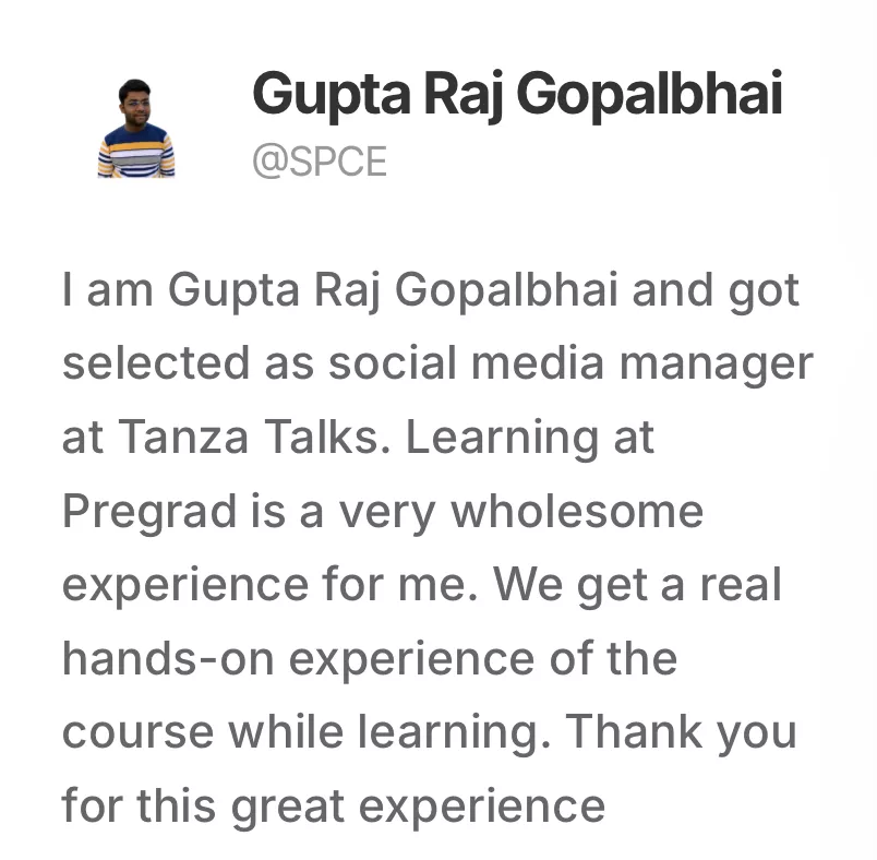 Pregrad placement record: Gupta Raj Gopalbhai